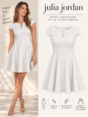 Julia Jordan Ivory Silver Mesh Jacquard Fit & Flare Dress Size 10